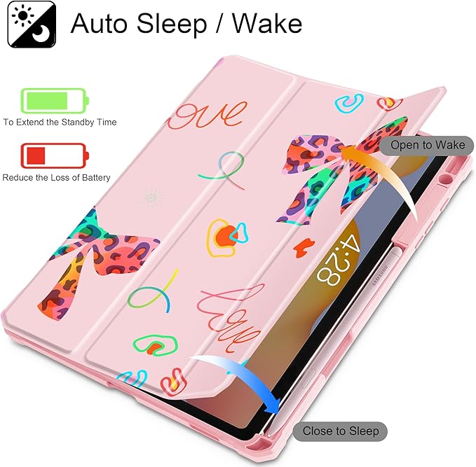Mektron Case for Samsung Galaxy Tab S6 Lite 10.4 Inch 2024/2022/2020 with S Pen Holder Multi-Angle Viewing with Shockproof Cover Clear Shell + Trifold Stand + Auto Wake/Sleep Neon Bows-Pink