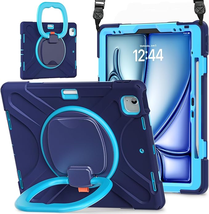 MEEgoodo Case for iPad Air 13 inch 2025 (M3) /2024 (M2) &amp iPad Pro 12.9 Case 6th/5th/4th/3rd Generation 2022 2021 2020 2018 Tablet Cover with Pencil Holder/Rotating Stand/Shoulder Strap Navy Blu