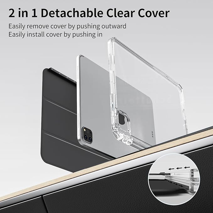 Case for iPad Air 13 Inch M3/M2 (2025/2024) &amp Pro 12.9 Inch 6th/5th/4th/3rd Generation 2022/2021/2020/2018 with Pencil Holder 2 in 1 Detachable Trifold Sliding Cover with Clear Back Shell Black