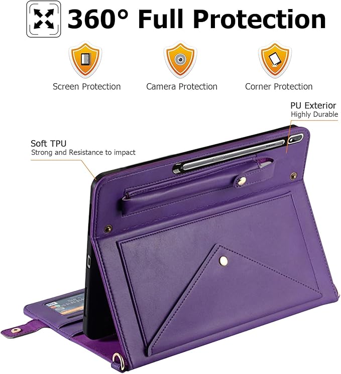 Dteck Galaxy Tab S10 Ultra CaseGalaxy Tab S9 Ultra 2023/S8 Ultra 2022 CaseBusiness PU Leather Folio Stand Protective Cover with S Pen Holder Card Slots Shoulder Hand Strap Wallet Bag CaseBlue