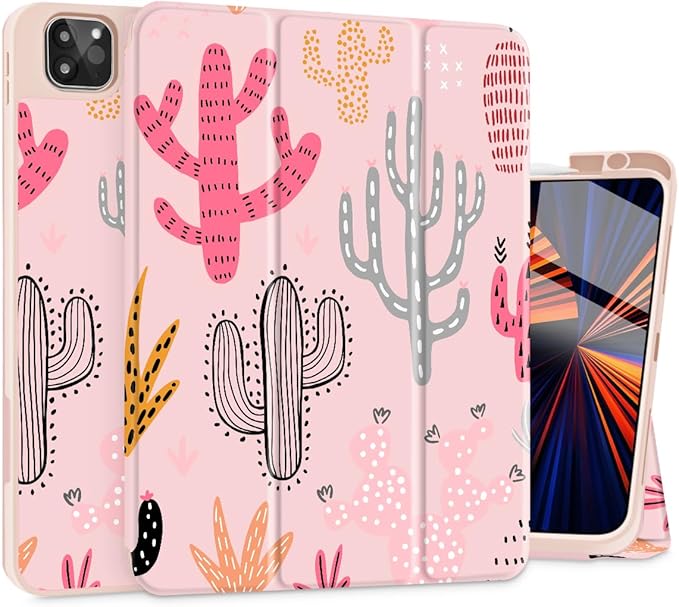Mektron for iPad Pro M2 11-inch 4th/ 3rd/ 2nd/ 1st Gen Case 2022 2021 2020 2018 with Pencil Holder Tablet Cover with Soft TPU Back Cover for 11 inch iPad Pro Colorful Cacti