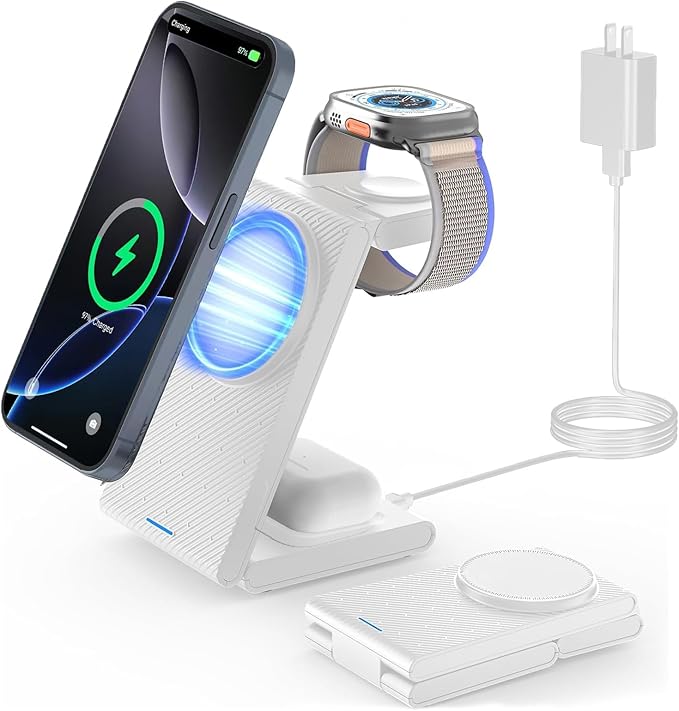 Wireless Charger Magnetic for Apple Devices - JoyGeek 3 in 1 Foldable Charging Station for Magsafe Compatible with iPhone 16 15 14 13 12 Pro Max Plus Apple Watch 10 9 8 7 6 5 4 SE AirPods 4/3/2/Pro