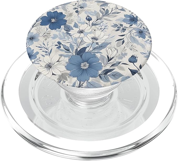 White Blue Floral Pattern PopSockets PopGrip for MagSafe