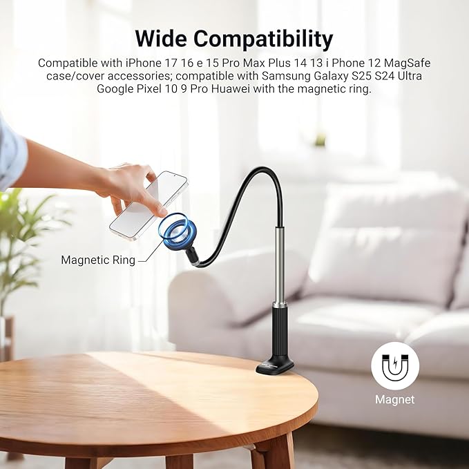 NEEWER Basics Magnetic Phone Stand for Desk 360° Overhead Table Cellphone Holder Clamp Mount with Flexible Arm Compatible with MagSafe iPhone Android Samsung for Bed Video Recording PA151 Black