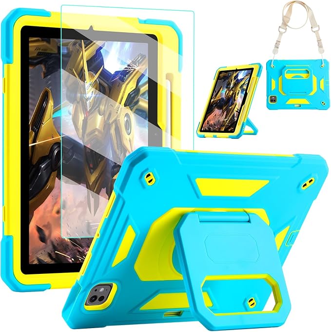 KCJ for iPad Pro 11 Case (M4) 2024with Tempered Glass Screen ProtectorCute Protective Case with Folding Stand/Pencil Holder/Shoulder Strap for iPad Pro 11 2024 (5th Generation) (Blue+Yellow)