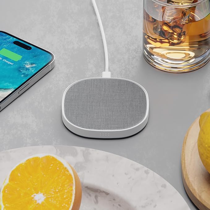 PhoneSuit Novo Wireless Charger Pad | 15 Watt Fast Charger | Linen Style Gray Fabric | for iPhone 16/15/14/13/12/11 Series/Samsung S24 AirPods &amp More