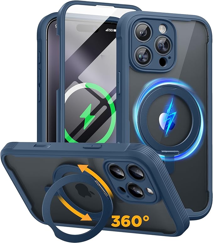 Miracase for iPhone 16 Pro Max Case with 360° Magnetic Ring Stand [Compatible with Magsafe] Full-Body Drop Proof Bumper Phone Case with Built-in 9H Tempered Glass Screen ProtectorBlue