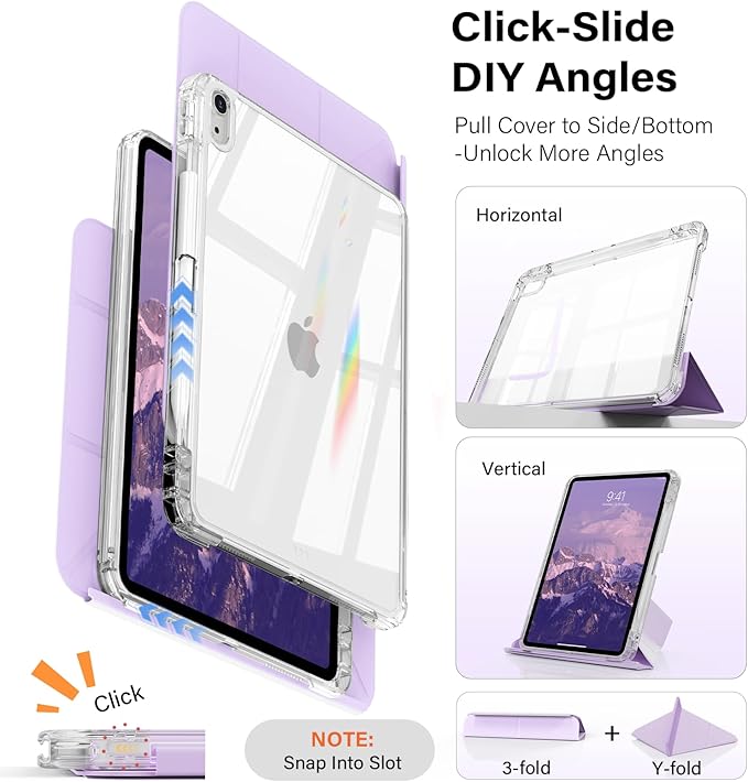 JKSML Case for iPad (A16) 11th/10th Gen with 8+ Viewing Angles DIY Detachable Sliding Cover Fully Clear Hard Back Shell Solid Y-fold Stand Pencil Holder for iPad 10.9 (2022)/ 11 (2025)-Purple-1