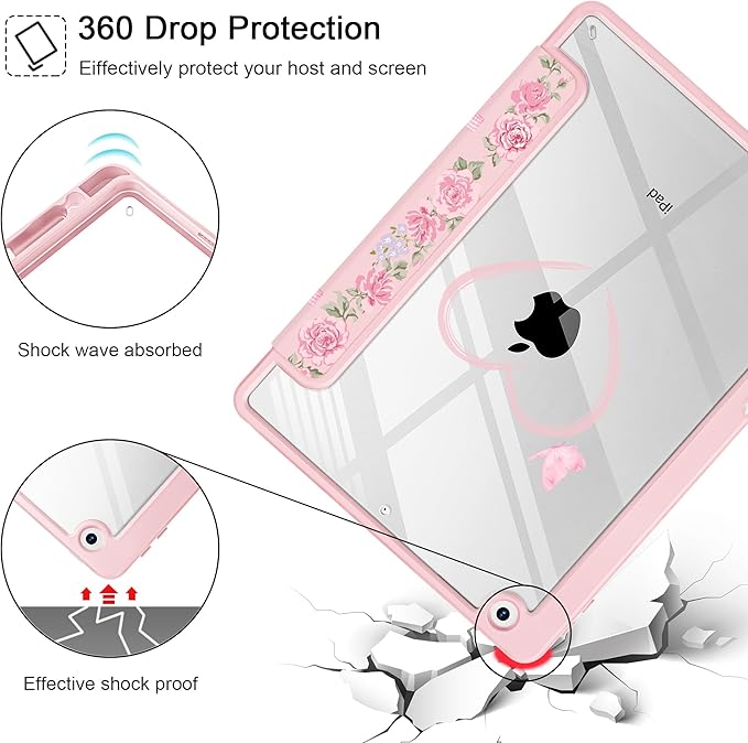 May Chen for iPad 9th Generation with Pencil Holder iPad 8th/7th Gen Case 10.2-inch [Penceil Holder] Trifold Stand Auto Wake/Sleep Clear TPU Protection Back Cover Bow &amp Rose Flower