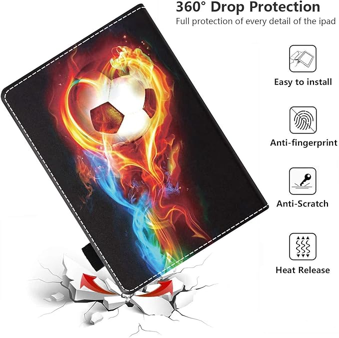 Case for Amazon Kindle Fire HD 10 &amp 10 Plus Tablet 10.1 (13th/11th Generation 2023/2021 Release) - PU Leather Folio Case with Smart Auto Wake/Sleep Flame Football