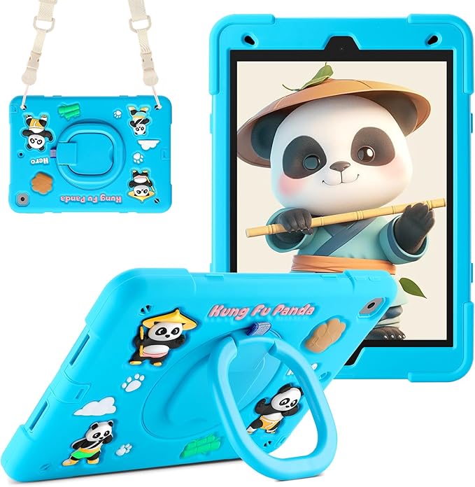 Case for iPad 9th/8th/7th Generation iPad 10.2 Inch 2021/2020/2019 Funny Cartoon Silicone 3D Panda Design Kids Case Heavy Duty Protection with Stand/Pencil Holder/Shoulder Strap