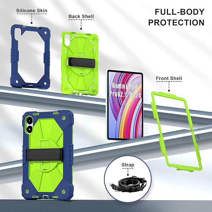 for Xiaomi Redmi Pad Pro 12.1/Xiaomi Poco Pad 12.1 Case with with Kickstand/Hand Strap/Rotating/Shoulder Strap (Navy Green/Blue)