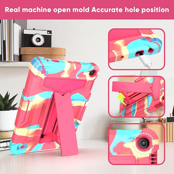 Shockproof Case for Fire HD 8 2024 2022 (12th Generation) Techcircle Heavy Duty 3-Layer Bumper Defender Rugged Case with Multi-Angle Kickstand Hybrid Cover for HD 8/8 Plus 2022/2024 Camo Rose