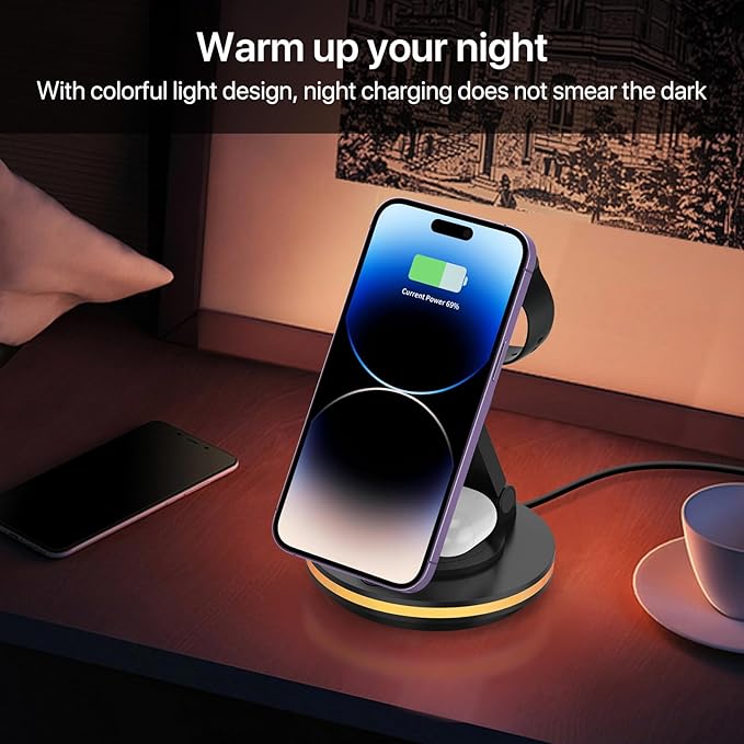 Foldable 3 in 1 Charging Station for iPhone Wireless Charger Stand with Magnetic Charging Station for iPhone 16 15 14 13 12 11 X Pro Max Watch AirPods Pro 3 2（B）
