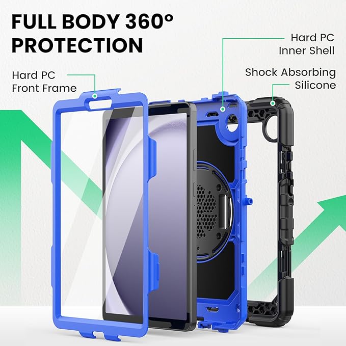 SEYMAC for Samsung Galaxy Tab A9 Case 8.7 Inch 2023 (SM-X110/X115/X117) Heavy Duty Shockproof Protective Case with Screen Protector Rotating Stand Hand/Shoulder Strap and Pen Holder Blue