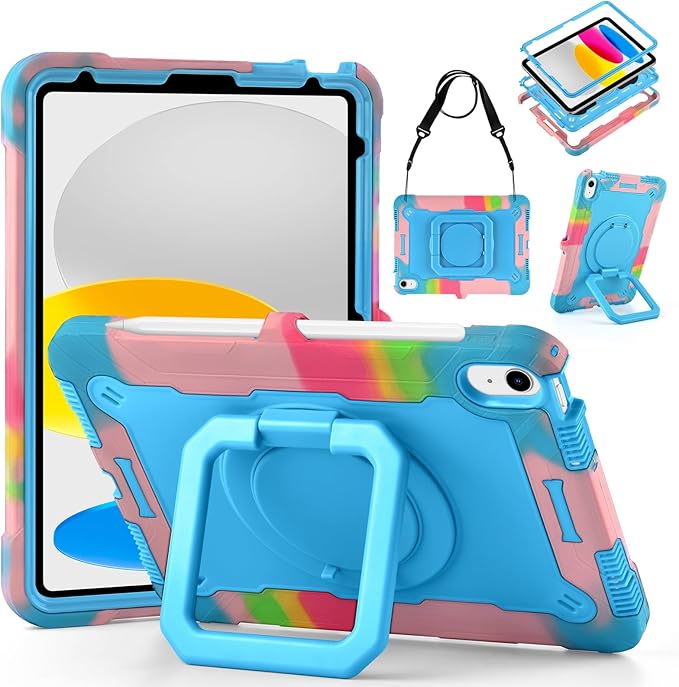 DETUOSI Case for iPad (A16) 11th Generation 11 Inch 2025 Shockproof Cover with 360°Rotatable Stand &amp Shoulder Strap Heavy Duty Case for iPad 10th Gen 10.9 Inch Camouflage Blue