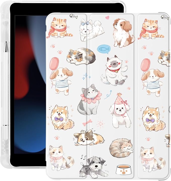 Cute Kawaii Puppy Kitten for iPad Pro 13 Inch Case (M5/M4) 2025/2024 with Pencil Holder Auto Sleep/Wake White Leather Soft TPU Back Cover