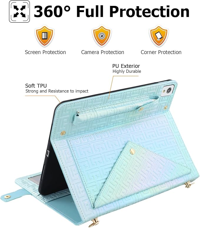 Dteck iPad 10th Generation Case 10.9 2022 - Luxury Sparkle PU Leather Kickstand With Pencil Holder Shoulder Hand Strap Card Slots Shockproof Protective Magnetic Pockets Wallet Lightblue