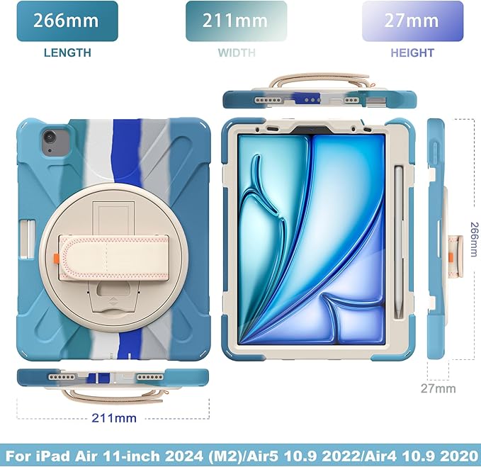 Batianda Case for iPad Air 11 inch 2025 M3 2024 M2 Chip Heavy Duty Rugged Durability Silicone Tablet Cover with 360° Rotating Hand Strap Foldable Hidden Stand &amp Shoulder Strap Colorful Blue