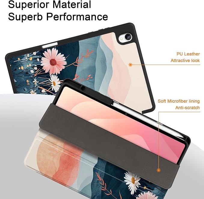 DONGKE Case for Samsung Galaxy Tab S11 5G 11 2025 Model (SM-X730/X736B) Slim Lightweight Trifold Stand Cover with S Pen Holder Auto Sleep/Wake Soft TPU Shockproof Back Daisies