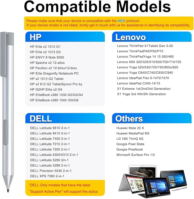 Stylus Pen for HP EliteBook x360 G6/G5/G4/G3/G2 HP Elite x2 G4/1013 G3/1012 G2/1012 G1 HP ProBook G1/G2 HP Pavilion x2 12-b0xx/b1xx HP Spectre x2 12-a0xx AES 1.0 Aactive PencilSilver