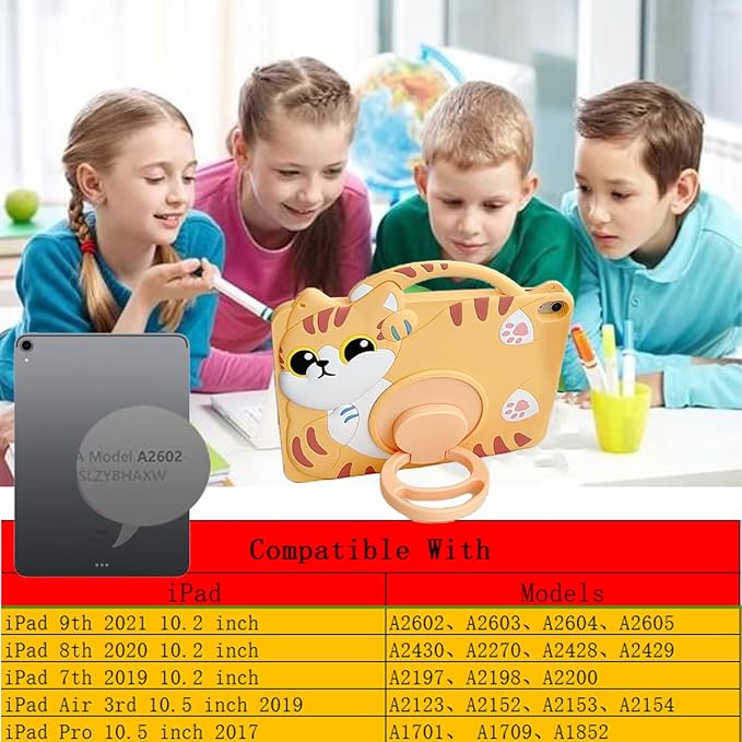 3D Cute Vivid Cat Case for iPad 9th/8th/7th 10.2 inch/Air 3rd 2019 /Pro 2017 10.5 inchKawaii Cartoon Character Pretty Cat Soft Silicone Rotating Stand Case with Lanyard for Kids Teens Girls Women