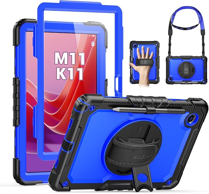 SEYMAC Case for Lenovo Tab M11/K11 11 Inch Heavy Duty Shockproof Protective Case with Screen Protector 360° Rotating Stand Hand/Shoulder Strap and Pen Holder Blue