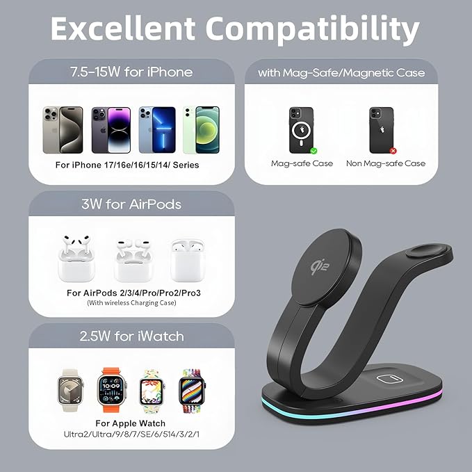 Wireless Charging Station Qi2 15W 4-in-1 Charger Station for iPhone 17/16/15/14/13/12 Series Watch Airpods 1-8/Ultra iPad AirPods (Black 4 in 1)