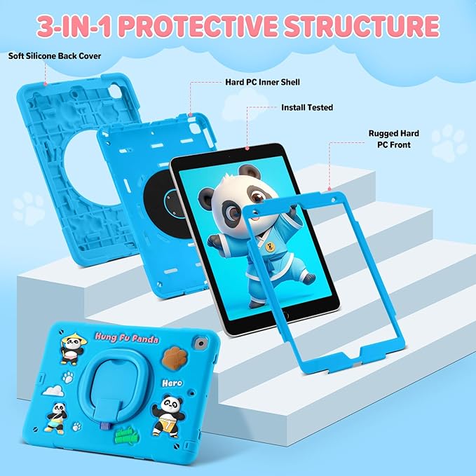 Case for iPad 9th/8th/7th Generation iPad 10.2 Inch 2021/2020/2019 Funny Cartoon Silicone 3D Panda Design Kids Case Heavy Duty Protection with Stand/Pencil Holder/Shoulder Strap