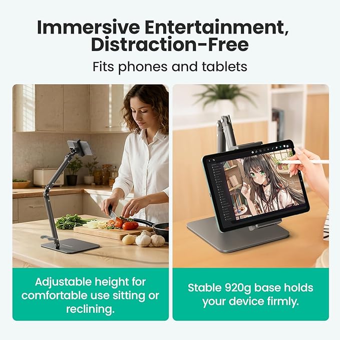 Ergonomic Phone iPad Stand for Desk - Ultra Sturdy Base Adjustable &amp Foldable Mobile Holder with 2 Extendable Clamps Work from Home Essentials Compatible with iPhone/iPad (1 Pack)