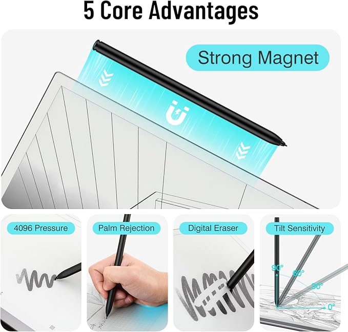 Magnetic Stylus Pen for Remarkable 2 Pen with Eraser Digital Replacement Pen for Remarkable 2 Stylus Alternative Marker Plus 4096 Pressure Sensitivity Palm Rejection Tilt Support with 5 Pen Tips