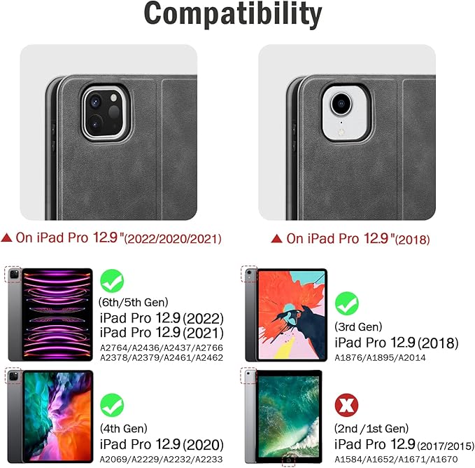 auaua Case for iPad Pro 12.9 6th/5th/4th/3rd Generation 2022/2021/2020/2018 Slim Durable Leather Stand Cover with Pencil Holder Auto Sleep/Wake (Grey)