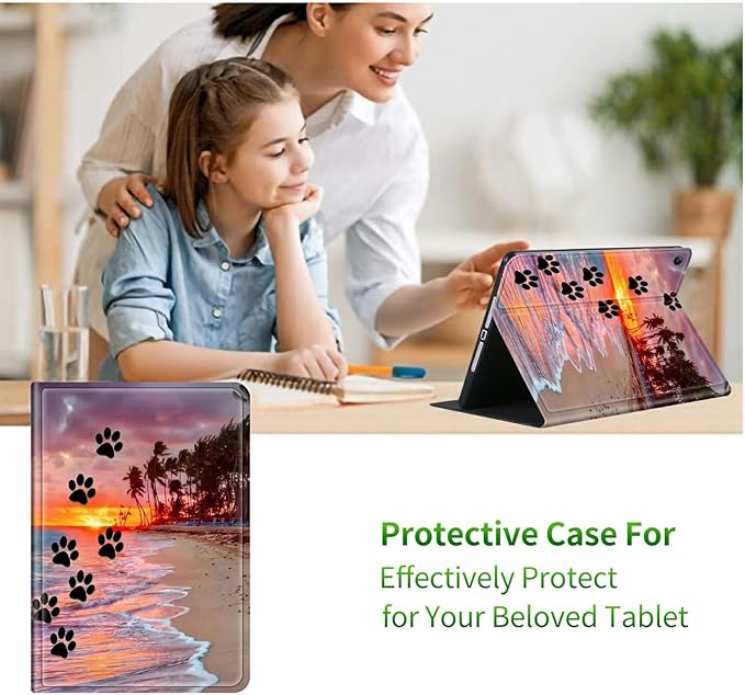 Case for iPad 9th/8th/7th Generation Tablet iPad 10.2 Case 2021/2020/2019 for Women Men Multi-Angle Viewing Shockproof Smart Protective Tablet Case for iPad 10.2 Inch Dog Paw Print Beach