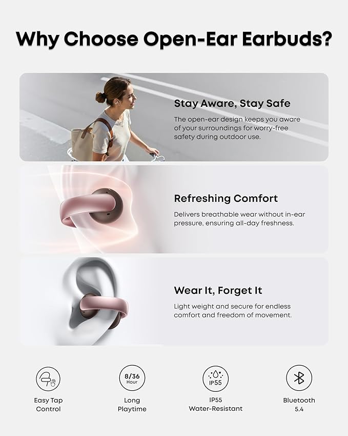 Soundcore AeroClip by Anker Open-Ear Earbuds Clip-On Headphones Adaptive Comfort Clear Calls with 4 Mics and AI Stable Fit 12mm Drivers for Powerful Bass Hi-Res Open-Ring Design