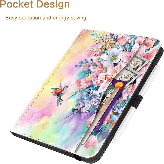 Vimorco Leather Case for iPad Pro 11 inch M5/M4 2025/2024 Pu Leather Protective Adjustable Stand Tablet Cover Hand Strap Card Pocket with Pencil HolderAuto Wake/SleepHummingbirds &amp Flowers