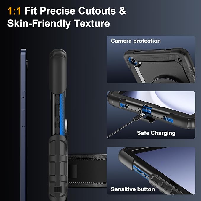 Case for Samsung Galaxy Tab A9+/A9 Plus 11 Inch 2023(SM-X210/X216/X218) Ubearkk Full-Body Drop Protection Case with Screen Protector 360° Rotating Stand and Hand/Shoulder Strap Black