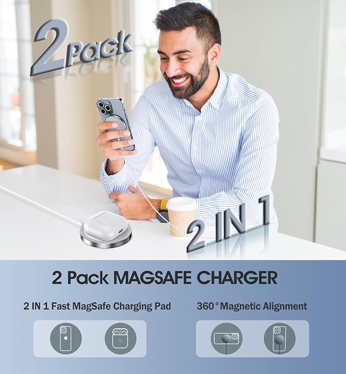 2 Pack Magnetic Wireless Charger for iPhone 16 Pro Max/16 Pro/16 Plus/16/15/15 Pro/15 Plus/15 Pro Max 15W Fast Mag Safe Charger Pad for iPhone 16/15/14/13/12 Series and AirPods 3/2/Pro 2/Pro