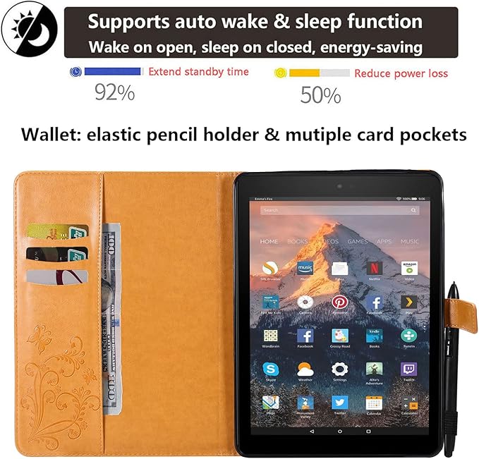 for Kindle Fire HD 10 &amp HD 10 Plus Case 13th/11th Generation 10.1 (2023/2021) Stand Embossed PU Leather Magnetic Wallet Cover with Pencil Holder/Pockets [Auto Wake/Sleep] Yellow Butterfly