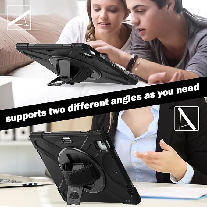 for iPad Air 13-inch M2 (2024) A2898/A2899 for iPad Pro 12.9 Rugged Case Portable Heavy Duty Shock-Proof Armor Cover with Swivel Kickstand/Hand Grip Shoulder Strap Pencil Holder (Black)
