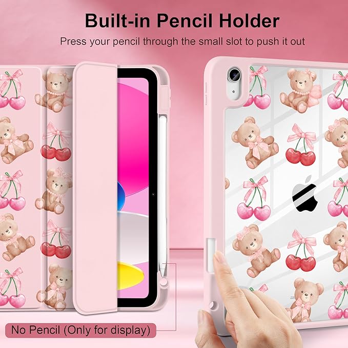 DONGKE Case for iPad (A16) 11th Generation 11 inch 2025 &amp iPad 10th Gen 10.9 inch 2022 [Built-in Pencil Holder] Clear Acrylic Back Trifold Stand Smart Cover Auto Sleep/Wake Bear &amp Cherry