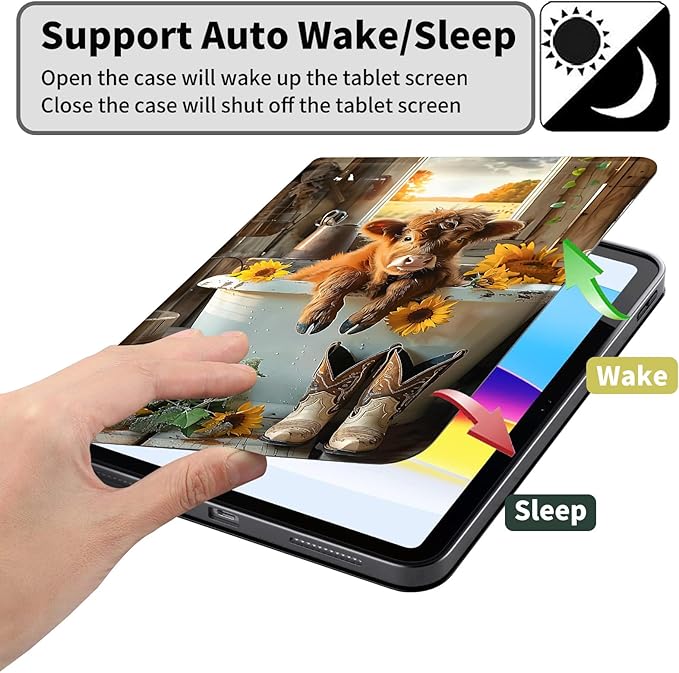 Case for Amazon Kindle Fire HD 10 and Fire HD 10 Plus 10.1 Tablet Case (13th/11th Generation 2023/2021 Release) Slim Fit PU Leather Cover with Auto Sleep/Wake - Sunflower Highland Cow
