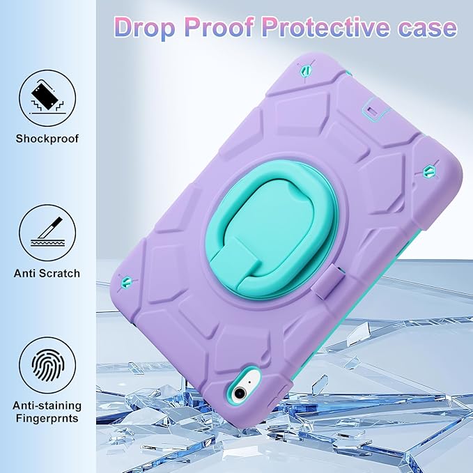 for iPad (A16) 11th Generation case 11''(2025)/10th Generation case 10.9''(2022)360°Rotatable Stand with [Pencil Holder&ampShoulder Strap] Heavy Duty Shockproof Case (Light Purple+Mint Green)
