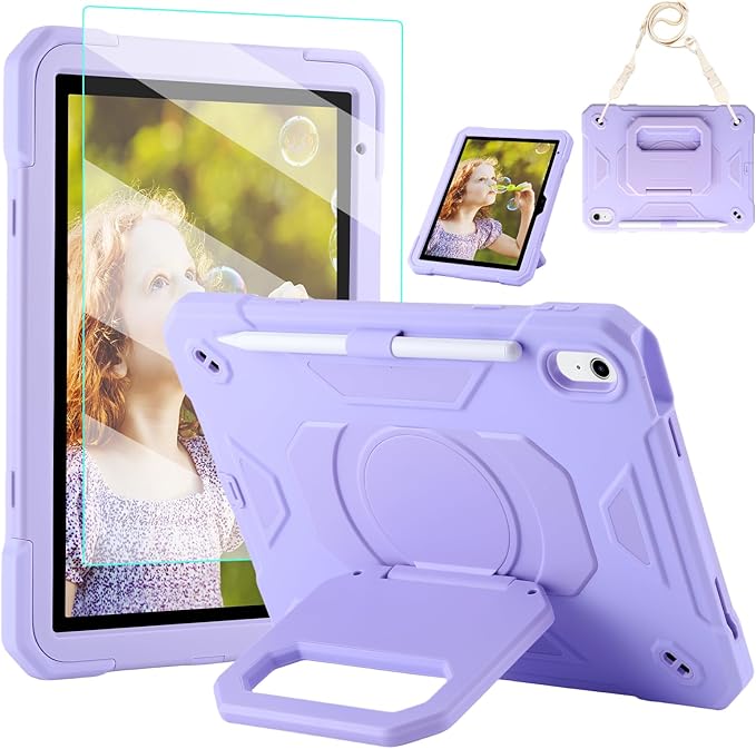 Case for iPad (A16) 2025 11th Gen 10.9'' iPad 10th Generation 2022 10.9'' with Tempered Glass Screen Protector Rugged Kid Case with Shoulder Strap/Pencil Holder/Folding Stand (Light Purple)