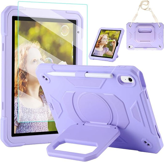 Case for iPad (A16) 2025 11th Gen 10.9'' iPad 10th Generation 2022 10.9'' with Tempered Glass Screen Protector Rugged Kid Case with Shoulder Strap/Pencil Holder/Folding Stand (Light Purple)