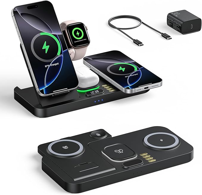 Foldable Magnetic Dual Phone Charging Station 30W Wireless Charger Stand with Clock &amp Night Light Fast Mag-Safe Charger for iPhone 17/16/15/14 Pro Max Plus Air AirPods and Apple Watch