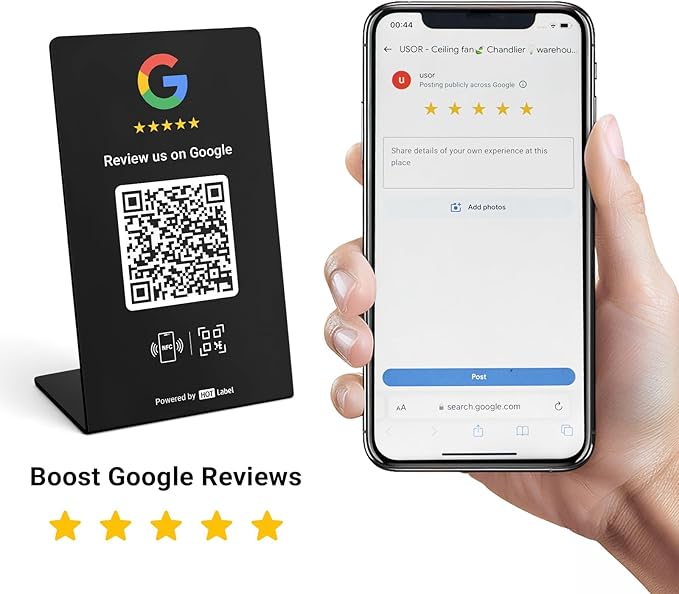 HotLabel – Google Review Stand 3-Pack + Bonus Google Review Tap Card 3-Pack – Black – NFC Tap &amp QR Code – Supports 6 Different Stores or Same – All Phones Compatible – No App/Subscription