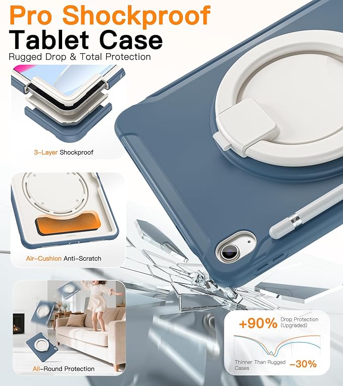 BATYUE Shockproof Case for iPad 10th Gen 10.9 2022 / 11th Gen (A16) 11 2025 | 360° Multi-Angle Stand (Portrait &amp Landscape) &amp Grip Built-in Screen Protector Pencil Holder Dusty Blue
