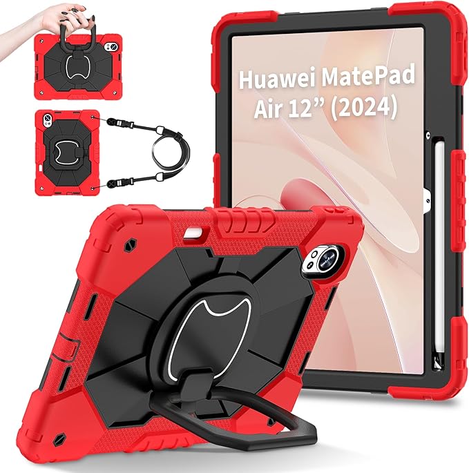Shoulder Strap Tablet Case for Huawei MatePad Air (2025/2024) Heavy Duty Shockproof Protective Cover with Kickstand Handle Shoulder Strap for Kids Women Man Red Black