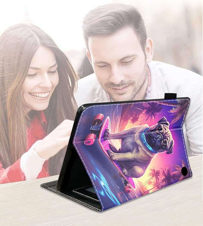 Case for Amazon Fire HD 10/HD 10 Plus Tablet 10.1 (13th/11th Generation 2023/2021 Release) Slim PU Leather Cover with Card Slot &amp Auto Wake/Sleep Pug Playing Scooter