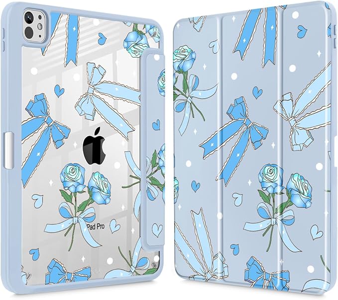 Tuiklol for iPad Pro 11 Inch (M5 2025 / M4 2024) Case Buit-in Pencil Holder with Slim Clear Back Cover Protection Trifold Stand-Auto Wake/Sleep Tablet Case Black Flower Bow &amp Rose Blue